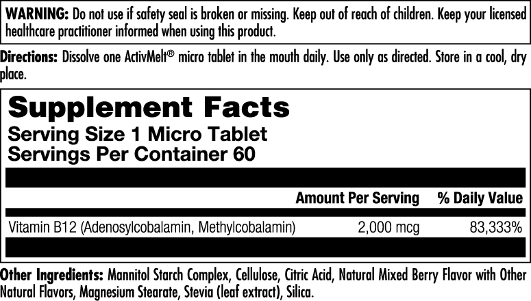 B-12 Methylcobalamin & Adenosylcobalamin 2000 mcg ActivMelt® Instant Dissolve Tablets