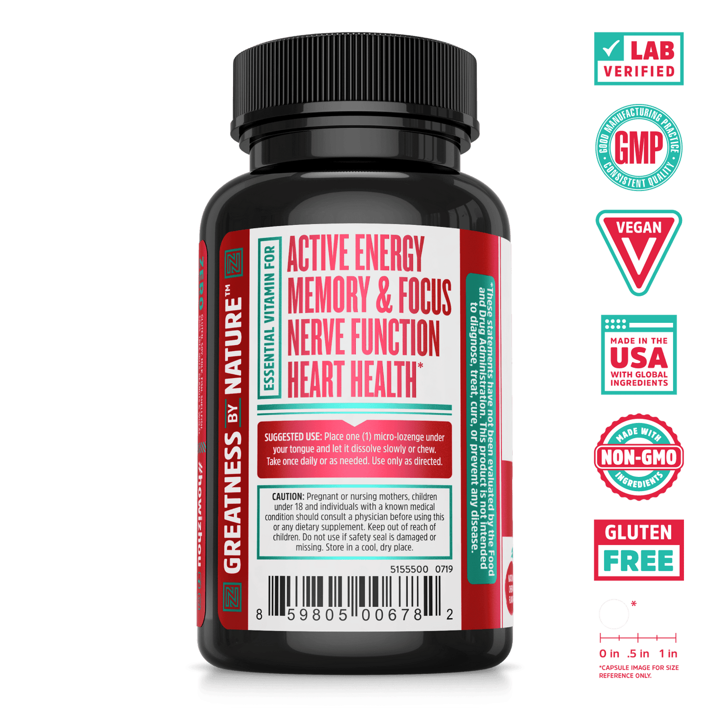 Methyl B-12 sublingual tablet for energy from Zhou Nutrition. Lab verified, good manufacturing practices, vegan, made in USA with global ingredients, made with non-GMO ingredients, gluten free.