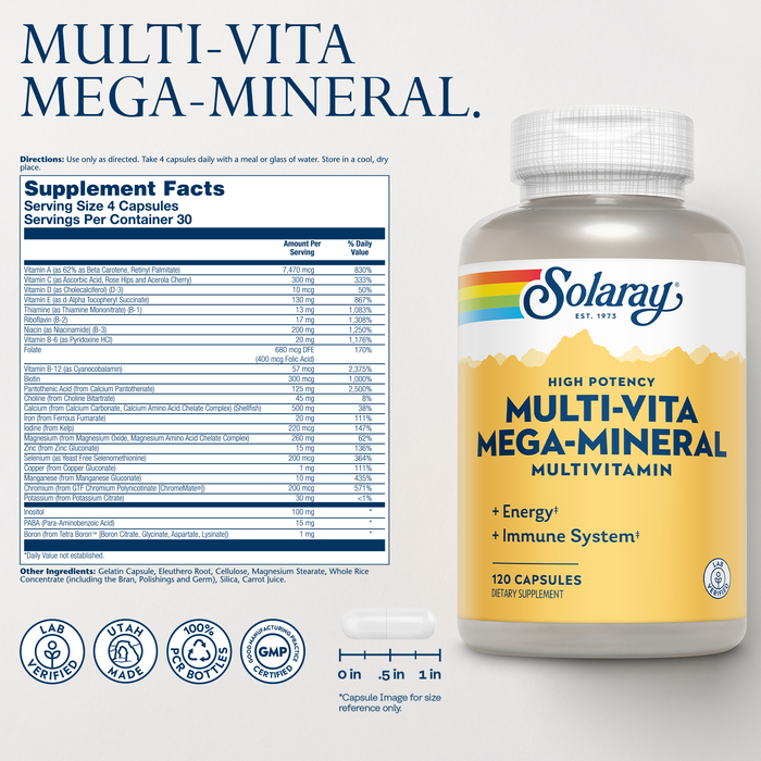 SOLARAY Multi-Vita Mega-Mineral Multivitamin for Women and Men with Vitamin D, Vitamin C, Magnesium, Zinc and More - Energy and Immune System Support - 60-Day Guarantee - 30 Servings, 120 Capsules