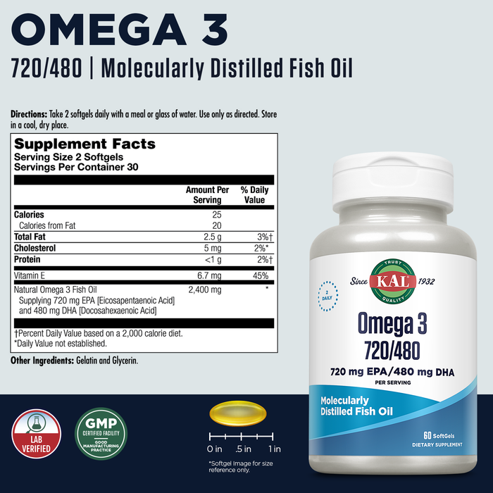 KAL Omega 3 Fish Oil 2,400 mg - 720/480 EPA DHA Supplements - Eye, Brain, and Joint Support Supplement - Molecularly Distilled and Lab Verified - 60-Day Guarantee - 30 Servings, 60 Softgels