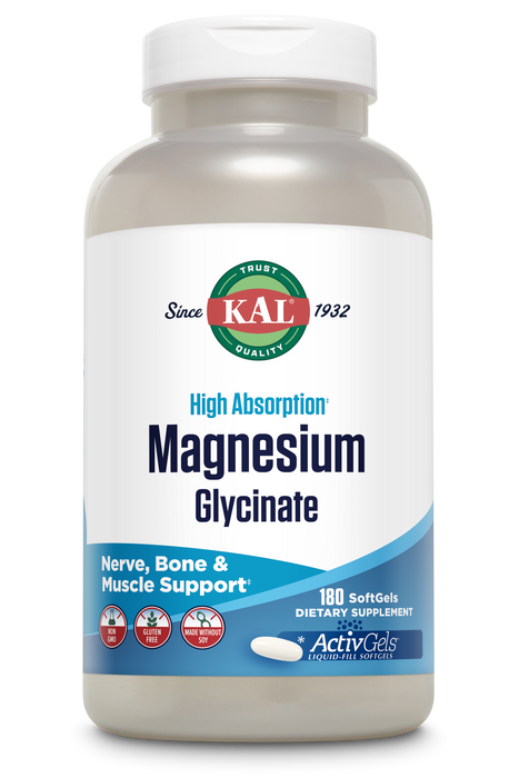 KAL Magnesium Glycinate ActivGels 315mg, High Absorption Magnesium Supplement for Muscle, Nerve & Bone Health Support, Non-GMO, Gluten Free, 60 Servings, 180 Softgels