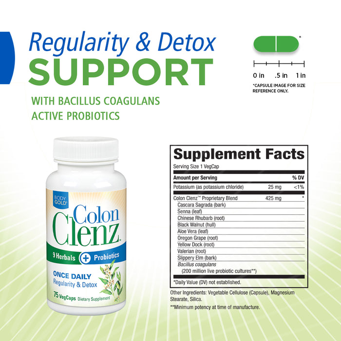 BodyGold Colon Clenz Regularity & Detox Formula Once Daily Support with 9 Herbs + Active Probiotics