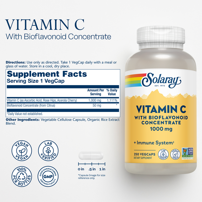 Solaray Vitamin C w/ Rose Hips, Acerola & Bioflavonoids, 1000mg, Supports Immune Function & Healthier Skin, Hair, Nails , Non-GMO, Vegan, 250 CT