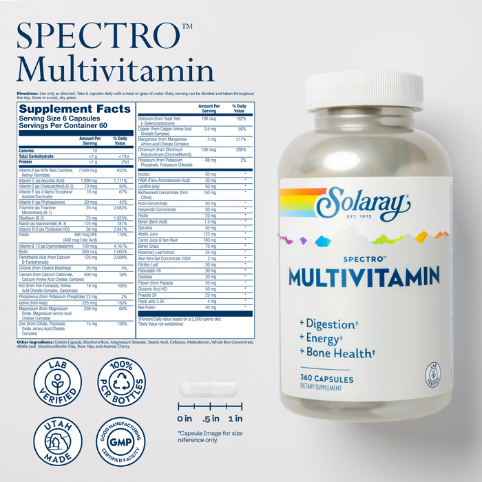 Solaray Spectro Multivitamin with Iron - Multi Vitamin with Calcium, Magnesium, Energizing Greens, Herbs & Digestive Enzymes - Digestion, Energy, and Bone Health Support