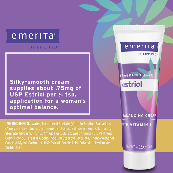 Emerita by Life-flo Estriol Cream with Vitamin E - Balancing Cream for Women at Midlife - With Soothing Aloe Vera and Sweet Almond Oil - Fragrance Free, 60-Day Guarantee, Not Tested on Animals, 4oz