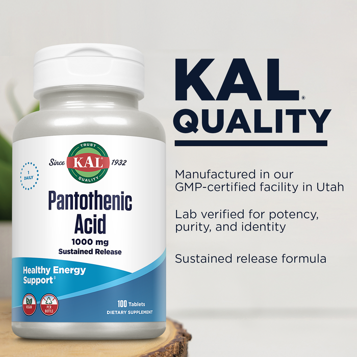 KAL Pantothenic Acid 1000mg, Sustained Release Vitamin B5 - Energy Supplements - Supports Metabolism of Carbs, Fat and Protein, Hair and Skin Health, Vegan, 60-Day Guarantee, 100 Servings, 100 Tablets