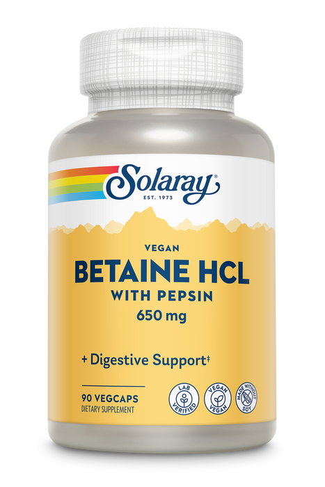 Solaray Vegan Betaine HCL with Pepsin - Hydrochloric Acid Supplement for Digestive Health - with Betaine Hydrochloride and Digestive Enzymes - Gut Health Support - 60-Day Guarantee, 100 VegCaps