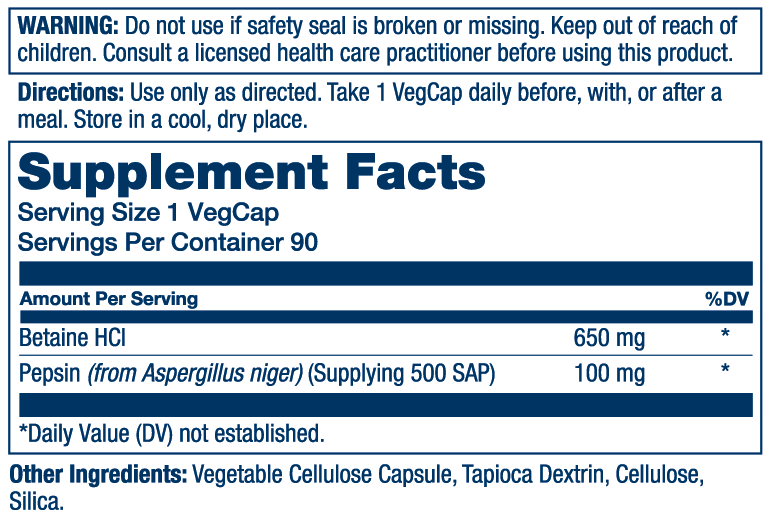 Solaray Vegan Betaine HCL with Pepsin - Hydrochloric Acid Supplement for Digestive Health - with Betaine Hydrochloride and Digestive Enzymes - Gut Health Support - 60-Day Guarantee, 100 VegCaps