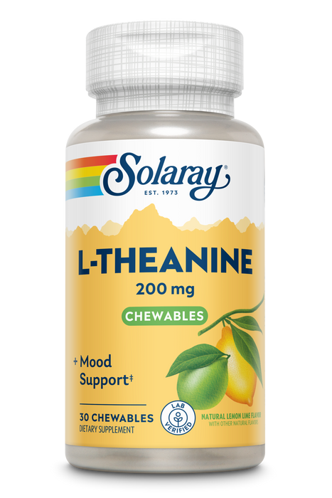 SOLARAY L Theanine 200mg, Mood Support Supplement with Vitamin B6 - Calming Support During Occasional Stress - Natural Lemon Lime Flavor - 60-Day Guarantee, Lab Verified - 30 Servings, 30 Chewables