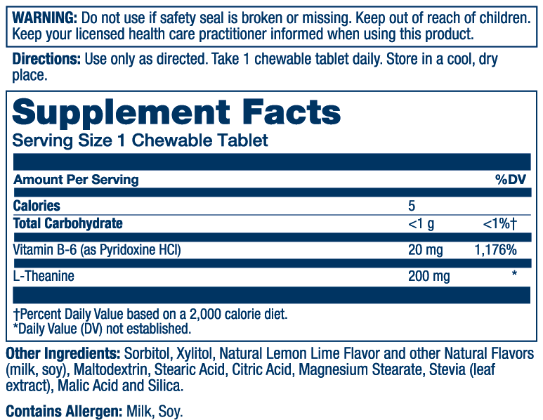 SOLARAY L Theanine 200mg, Mood Support Supplement with Vitamin B6 - Calming Support During Occasional Stress - Natural Lemon Lime Flavor - 60-Day Guarantee, Lab Verified - 30 Servings, 30 Chewables