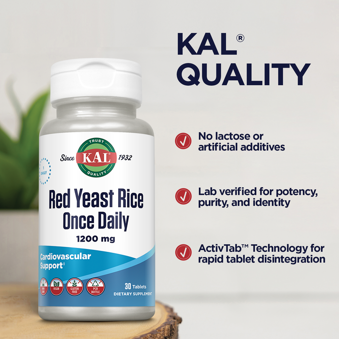 KAL Red Yeast Rice Once Daily 1200mg. Capsules With Unsaturated Fatty Acids, Amino Acids & Phytonutrients Rapid Disintegration, 60 Count