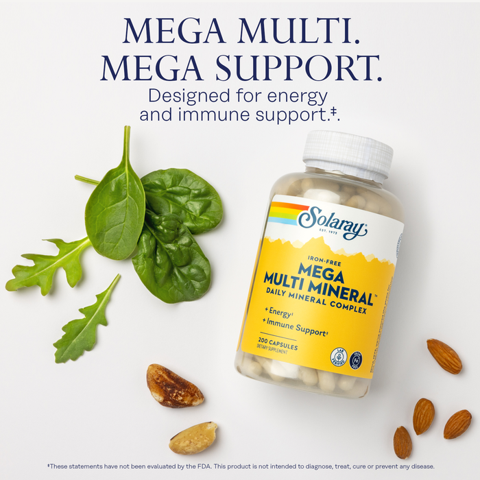 SOLARAY Iron-Free Mega Multi Mineral - Daily Mineral Complex w/ Calcium, Magnesium, Zinc and More, Absorbable Chelated Forms, Energy and Immune Support, 60-Day Guarantee, 50 Servings, 200 Capsules (200 Capsules, 50 Servings)