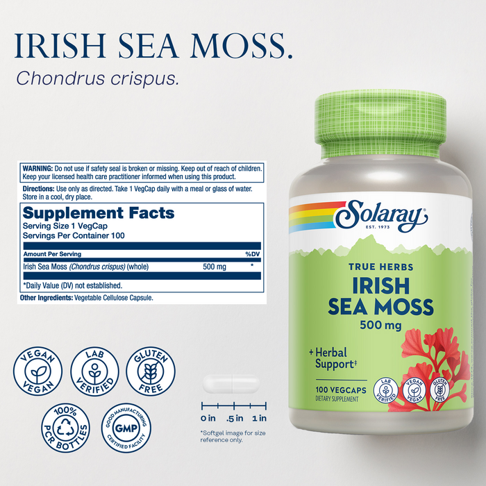 SOLARAY Irish Sea Moss 500 mg - Naturally Occurring Vitamins, Minerals, and Fiber - Herbal Support for Gut Health and More - Vegan, Gluten Free, Lab Verified - 60 Day Guarantee - 100 Servings, 100 VegCaps