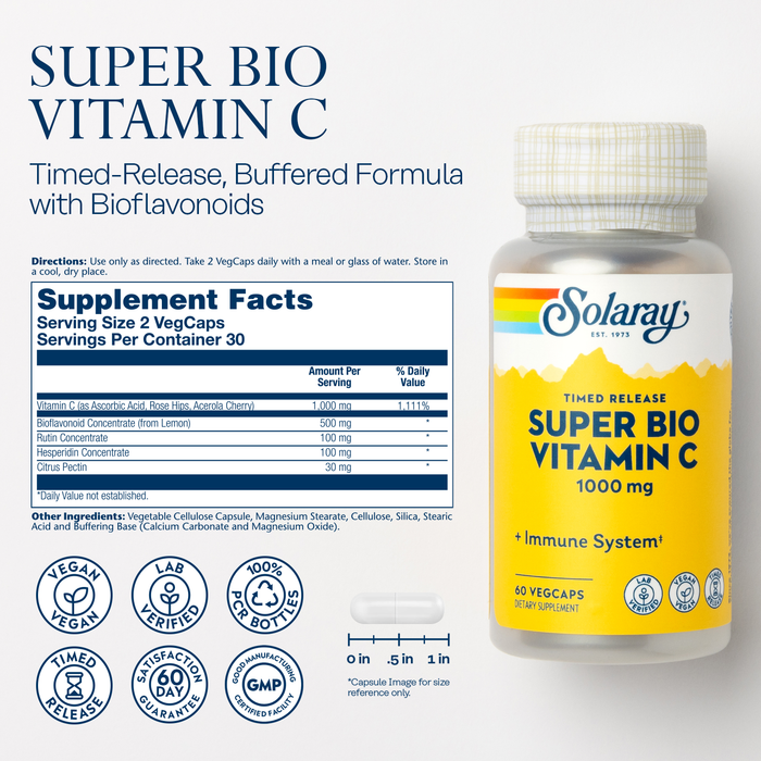 Solaray Super Bio Buffered Vitamin C 1000mg, Two-Stage, Timed Release Vitamin C with Bioflavonoids, Immune Support Supplement - High Absorption, Vegan, 60 Day Guarantee, 30 Servings, 60 VegCaps