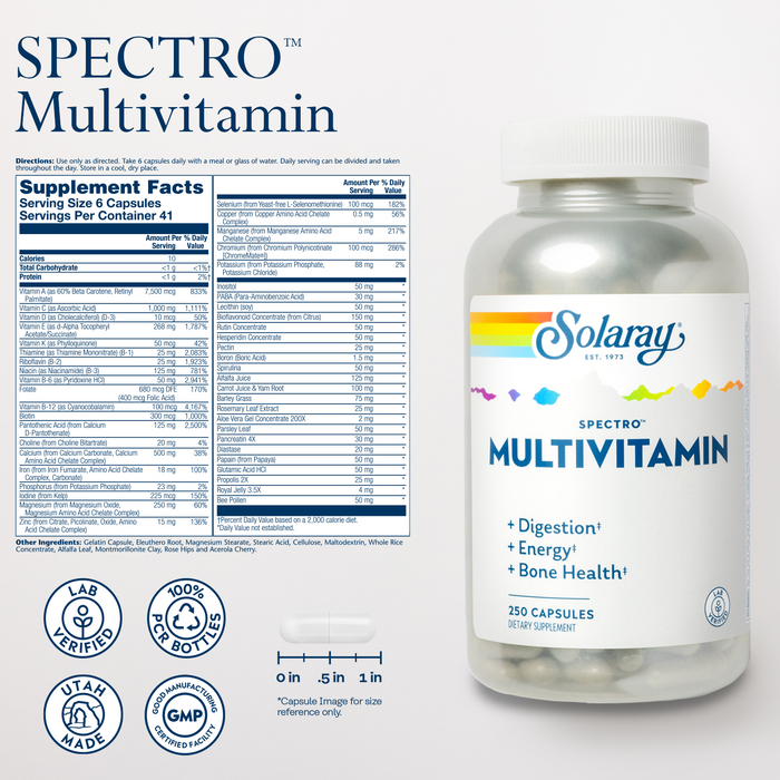 Solaray Spectro Multivitamin with Iron - Multi Vitamin with Calcium, Magnesium, Energizing Greens, Herbs & Digestive Enzymes - Digestion, Energy, and Bone Health Support