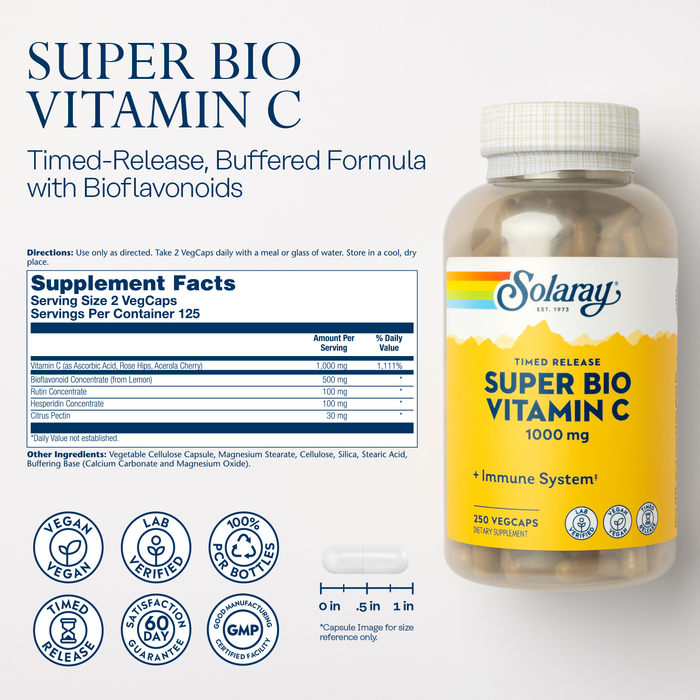 Solaray Super Bio Buffered Vitamin C 1000mg, Two-Stage, Timed Release Vitamin C with Bioflavonoids, Immune Support Supplement - High Absorption, Vegan, 60 Day Guarantee, 180 Servings, 360 VegCaps 125 Servings, 250 VegCaps