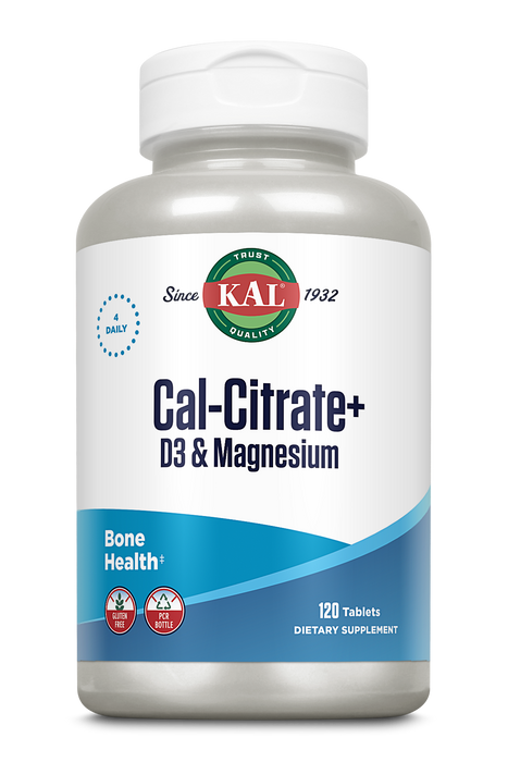 KAL Cal-Citrate+, Calcium Citrate Plus Vitamin D-3 and 500 mg of Magnesium, Healthy Bones and Teeth Support, Gluten Free and Lab Verified for Quality, 30 Servings, 120 Tablets