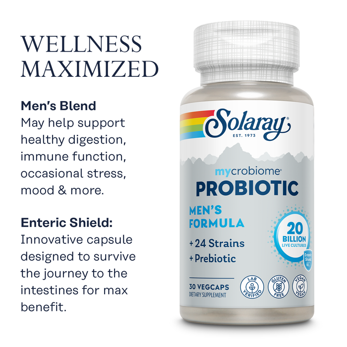 Solaray Mycrobiome Probiotic Mens Formula, Probiotics for Men, Gut Health, Digestion, Immune Function & More, 20 Billion CFU Mens Probiotic, 24 Strains Plus Prebiotic, 30 Servings, 30 VegCaps