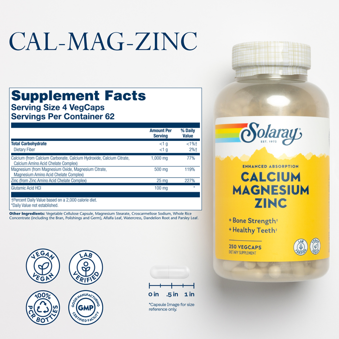 SOLARAY Calcium Magnesium Zinc Supplement - with Calcium 1000mg, Magnesium 500mg - Bone Health, Muscle Function, Heart Health and Immune Support - Vegan, 60 Day Guarantee, 25 Servings, 100 VegCaps (250 CT)