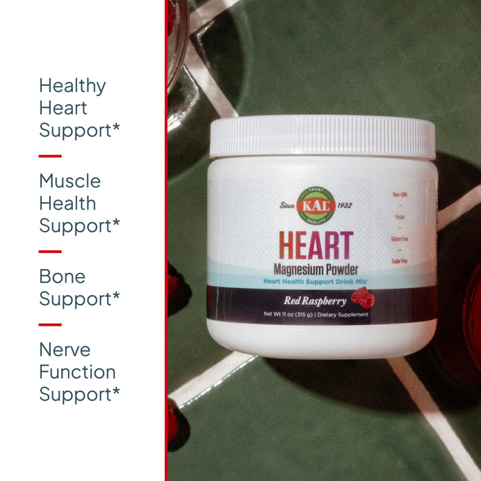 KAL Heart Magnesium Powder, Red Raspberry Flavor, Heart Health Support, Magnesium Drink Mix, Magnesium Supplement, Sugar Free, 70 Servings, 11 OZ