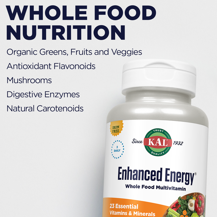 KAL Enhanced Energy Supplements, 3 Daily - Whole Food Multivitamin for Women and Men, Iron Free, 23 Essential Vitamins, Minerals, Super Foods, Digestive Enzymes, 60-Day Guarantee, 60 Serv, 180 VegTabs