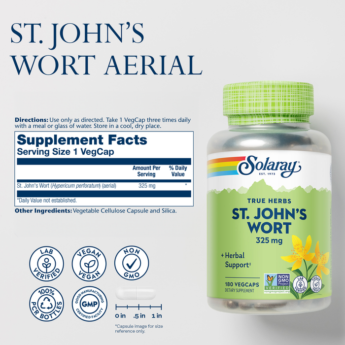 Solaray St Johns Wort 325 mg Whole Aerial - Health and Mood Support Supplement - 60-Day Money Back Guarantee - Non-GMO, Vegan, Lab Verified