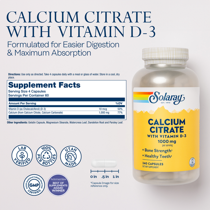 Solaray Calcium Citrate with Vitamin D3 1000mg - Bone Strength and Healthy Teeth Support - Gentle Digestion Formula - Lab Verified, 60-Day Guarantee - 60 Servings, 240 Capsules