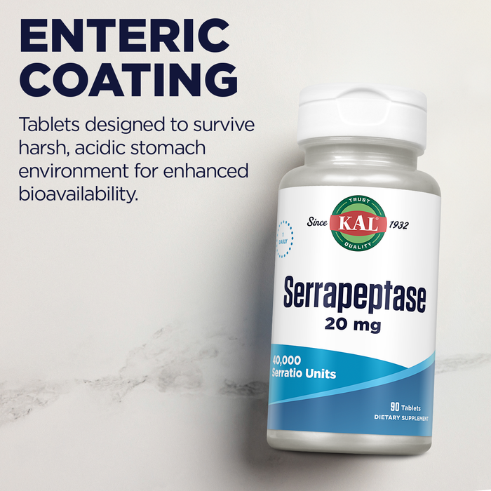 KAL Serrapeptase 20 mg - Proteolytic Digestive Enzymes for Digestive Health Support - 40,000 Serratio Units - Enteric Coated -60-Day Guarantee - 90 Servings, 90 Tablets