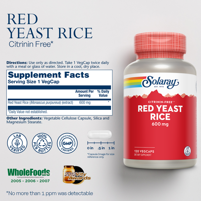 Solaray Red Yeast Rice, Healthy Heart Support, Citrinin-Free, 60 Day Money-Back Guarantee, 120 Servings, 120 VegCaps