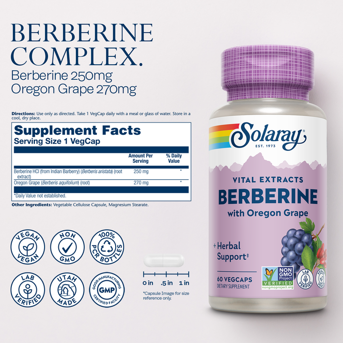 SOLARAY Berberine 250mg - Berberine Supplement for a Healthy, Active Lifestyle - With Berberine HCl from Indian Barberry Plus Oregon Grape - Vegan, Non-GMO, 60-Day Guarantee - 60 Servings, 60 VegCaps