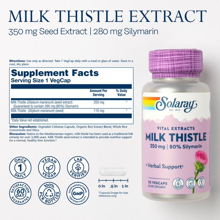 Solaray Milk Thistle Seed Extract One Daily 350mg , Antioxidant Intended to Help Support a Normal, Healthy Liver , Non-GMO & Vegan 30ct (30 Servings, 30 VegCaps)