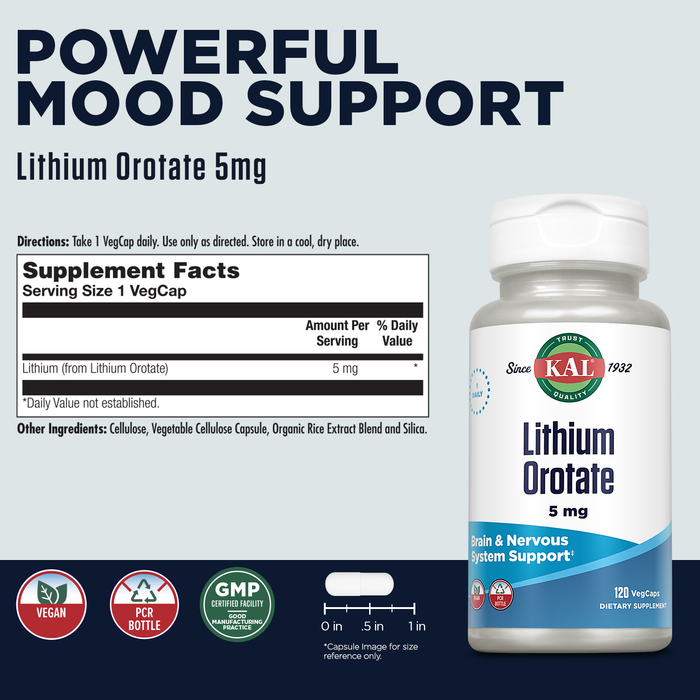 KAL Lithium Orotate 5mg, Low Dose Lithium Supplement for Brain, Nervous System and Mood Support, Chelated and Highly Bioavailable, Vegan, Organic Rice Extract Blend