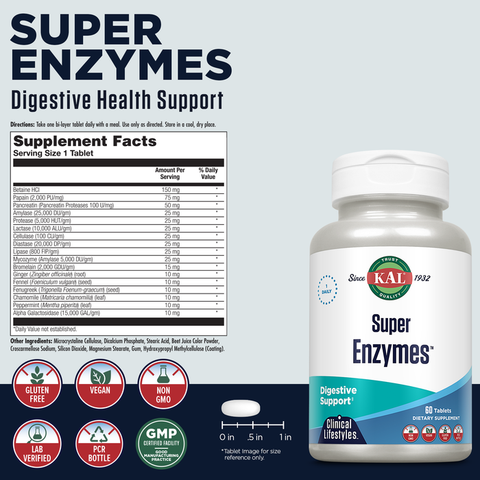 KAL Super Enzymes - Digestive Enzymes Tablets - Gut Health Supplements with Betaine HCl, Bromelain, Papaya Enzyme, Peppermint and Ginger, Gluten Free, Vegan, 60-Day Guarantee, 60 Servings, 60 Tablets