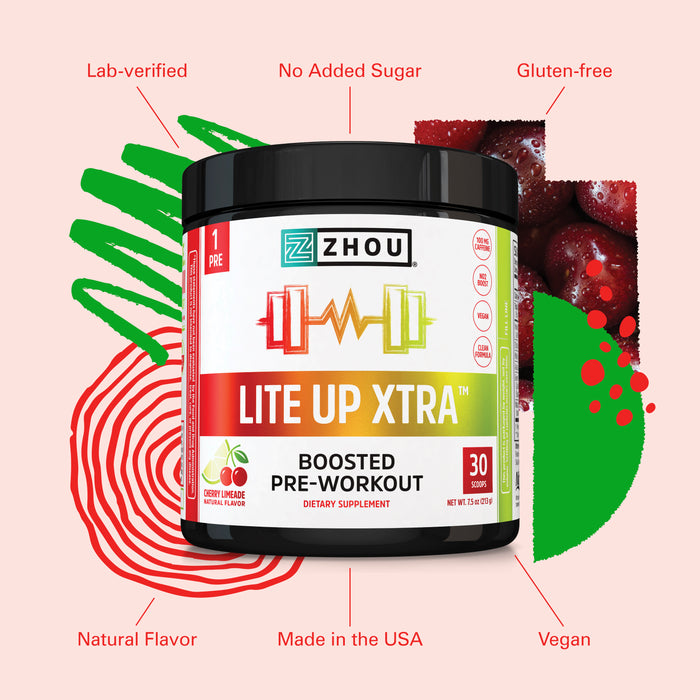 Zhou Nutrition Lite Up XTRA | Caffeinated Pre-Workout | Endurance - 30 servings, Cherry Limeade