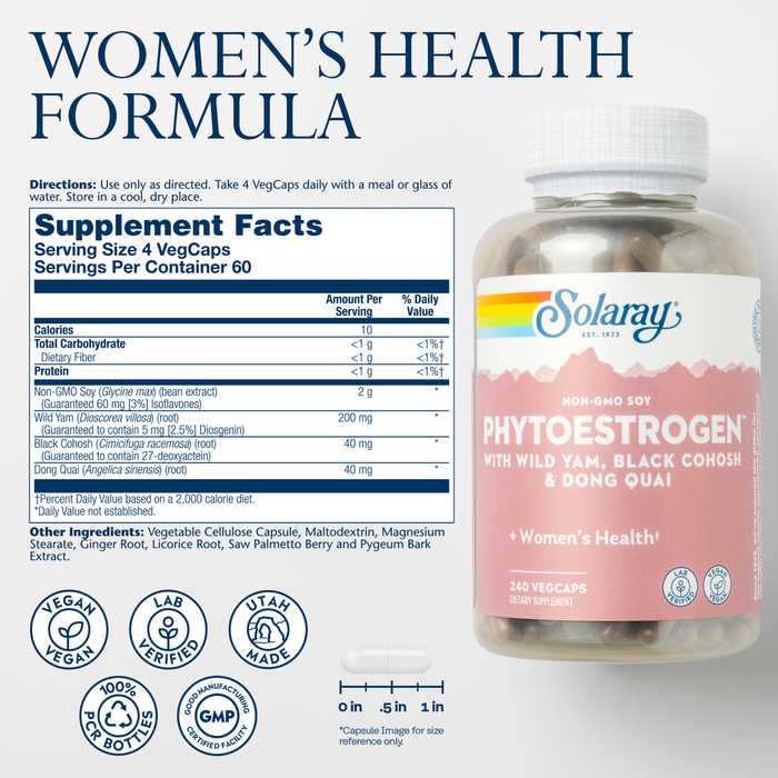 Solaray PhytoEstrogen Menopause Supplements - Wild Yam, Black Cohosh, and Dong Quai Estrogen Pills for Women's Health - Vegan, Lab Verified, 60-Day Guarantee