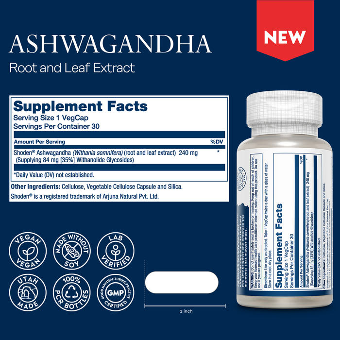 SOLARAY Ashwagandha Capsules 18X Absorption - Ashwagandha Root and Leaf Extract 240 mg - Occasional Stress Relief, Sleep and Mood Support Supplement - Vegan, 60-Day Guarantee - 30 Servings, 30 VegCaps