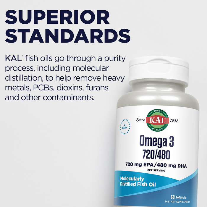 KAL Omega 3 Fish Oil 2,400 mg - 720/480 EPA DHA Supplements - Eye, Brain, and Joint Support Supplement - Molecularly Distilled and Lab Verified - 60-Day Guarantee - 30 Servings, 60 Softgels