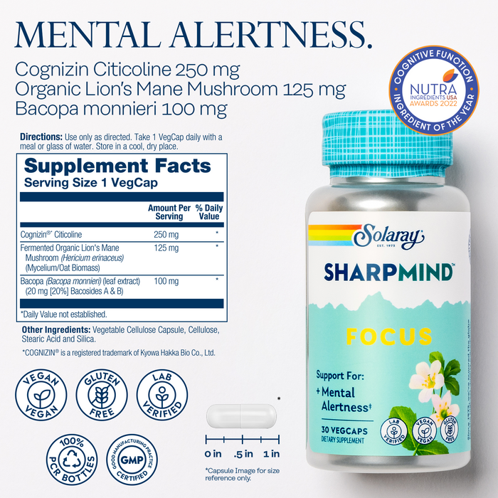 Solaray SharpMind Focus, Mental Alertness Nootropic Supplement, Each Capsule with Cognizin Citicoline, Lions Mane Mushroom, Bacopa Monnieri, Vegan, 60 Day Money Guarantee, 30 Serv 30 Vegetarian Caps