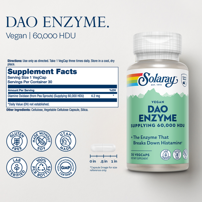 SOLARAY DAO Enzyme - Digestive Enzyme That Breaks Down Histamine - 60,000 HDU - Digestive Enzymes - Vegan, Gluten Free, Lab Verified - 30 Servings, 30 VegCaps