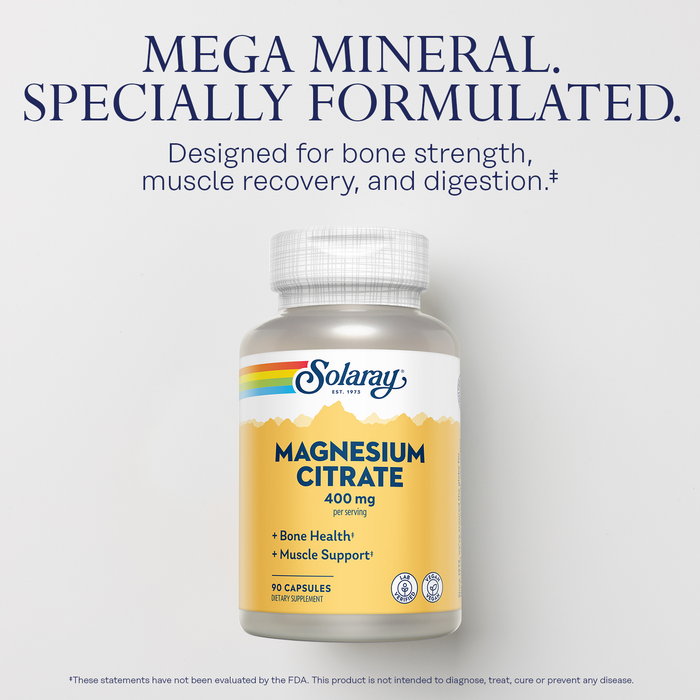 Solaray Magnesium Citrate 400mg - Bone Strength, Muscle Recovery, and Digestion Support - Herbal Base - Vegan, Lab Verified, 60-Day Money-Back Guarantee - 30 Servings, 90 VegCaps