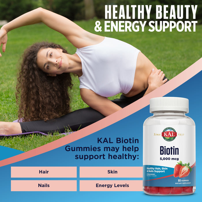 KAL Biotin Gummies 5,000 mcg, Healthy Hair Skin and Nails Vitamins, Vegetarian Biotin Supplement, Delicious Natural Strawberry Flavor, Gluten Free, 30 Servings, 60 Gummies