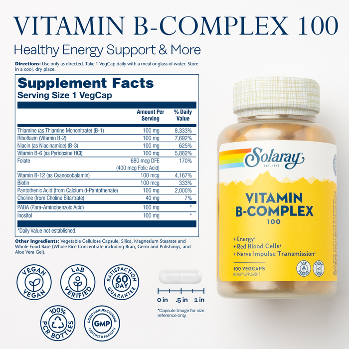 Solaray Vitamin B Complex 100 mg, Healthy Energy Supplement, Red Blood Cell Formation, Nerve & Immune Support, Super B Complex Vitamins with Folic Acid, Vitamin B6, B12, Biotin & More, Vegan, 100 VegCaps