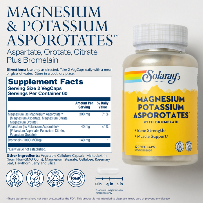 Solaray Magnesium and Potassium Asporotates w/ Bromelain, Healthy Electrolyte, Muscle, Heart & Cellular Support, 60 Servings, 120 VegCaps