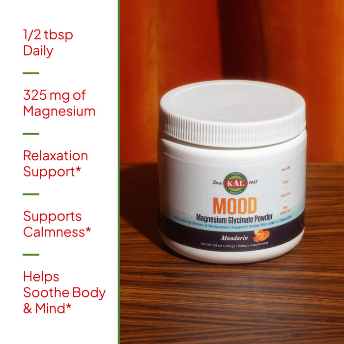 KAL Mood Magnesium Powder with L-Theanine - Mandarin Flavor Magnesium Supplement - Relaxation Support, High Absorption, No Added Sugar, Vegan, Gluten Free, Made Without Soy - 40 Servings, 9.8 oz