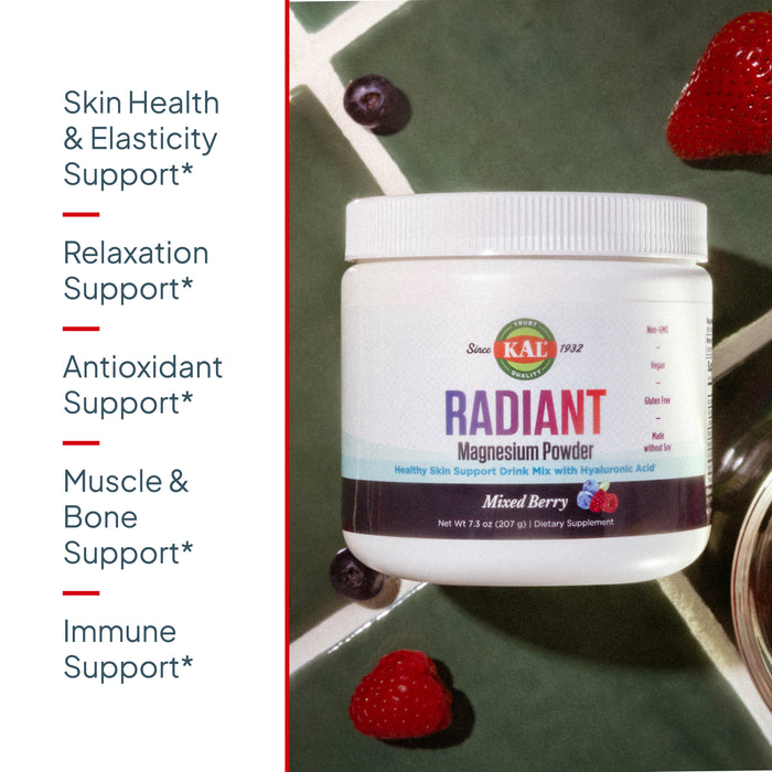 KAL Radiant Magnesium Powder, Mixed Berry Flavor, Hyaluronic Acid and Magnesium Supplement, Skin & Antioxidant Support, Sugar Free, 60 Servings, 7.3 OZ