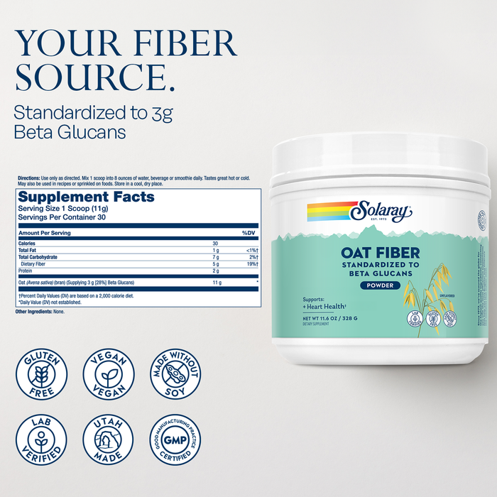 SOLARAY Oat Fiber - Soluble Fiber Supplement Powder - Standardized to Beta Glucans for Heart Health Support - Unflavored, Gluten Free, Vegan, 60 Day Guarantee, Lab Verified - 30 Servings, 11.6oz