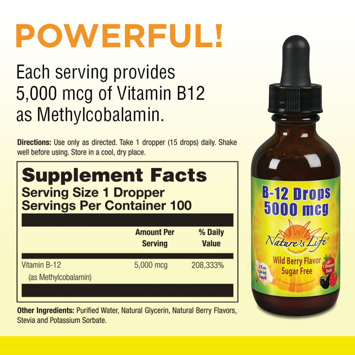 NATURE'S LIFE B12 Drops 5000 mcg - Vitamin B12 Methylcobalamin - Liquid B12 Supplement for Energy Metabolism, Nerve Function and Red Blood Cell Support – Natural Mixed Berry, Sugar Free