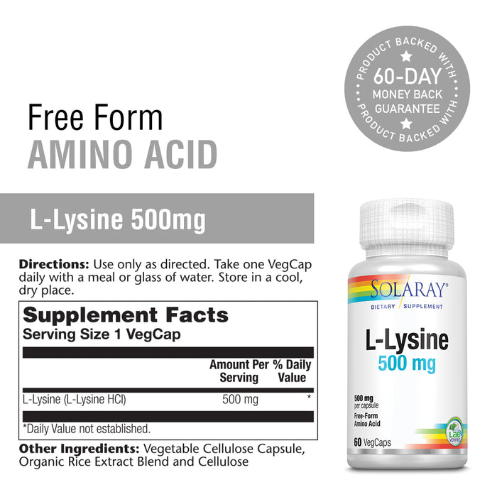 Solaray L-Lysine 500mg | Amino Acid | Healthy Cognitive, Immune System & GI Function, Bones, Joints & Skin Support | 60 VegCaps