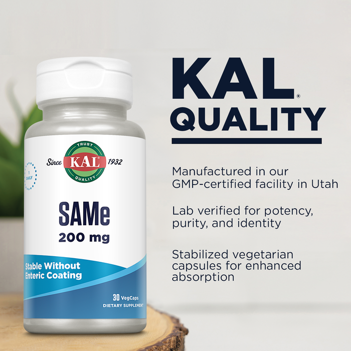 KAL SAMe 200mg (S-adenosyl-L-methionine), Nervous System, Wellbeing and Mood Support Supplement, Enhanced Absorption, No Enteric Coating Needed, Vegetarian, 60-Day Guarantee, 30 Serv, 30 VegCaps