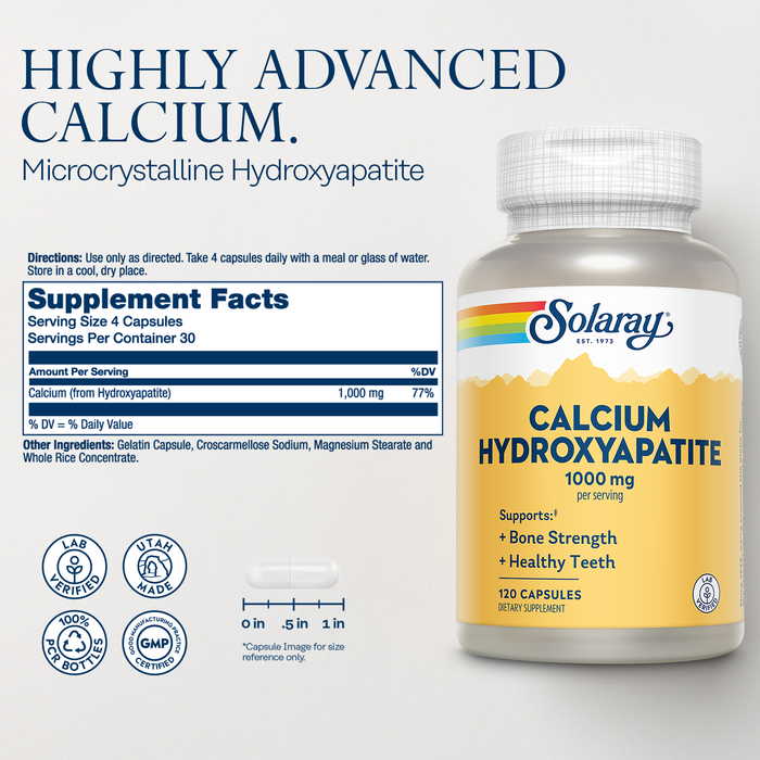 SOLARAY Calcium Hydroxyapatite Supplement - 1000 mg per Serving - Bone Strength and Healthy Teeth Support - Lab Verified, 60-Day Guarantee - 30 Servings, 120 Capsules